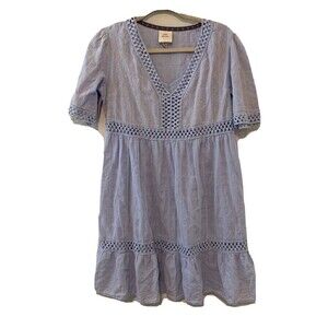 Knox Rose Womens Size Medium Blue Embroidered V Neck Lagenlook Tiered Dress